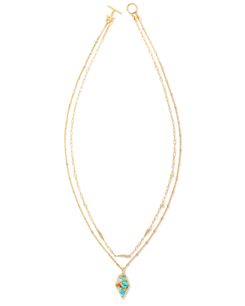 Framed Tessa Convertible Gold Multi Strand Necklace in Bronze Veined Turquoise Magnesite Red Oyster image number 3